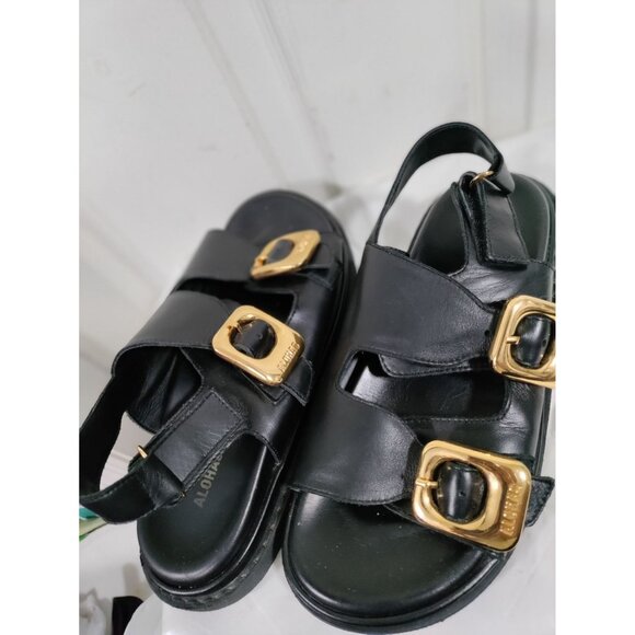 Alohas Black Leather Double Gold Buckle Round Toe Daria Sandals Women's Size 9 - Picture 5 of 14